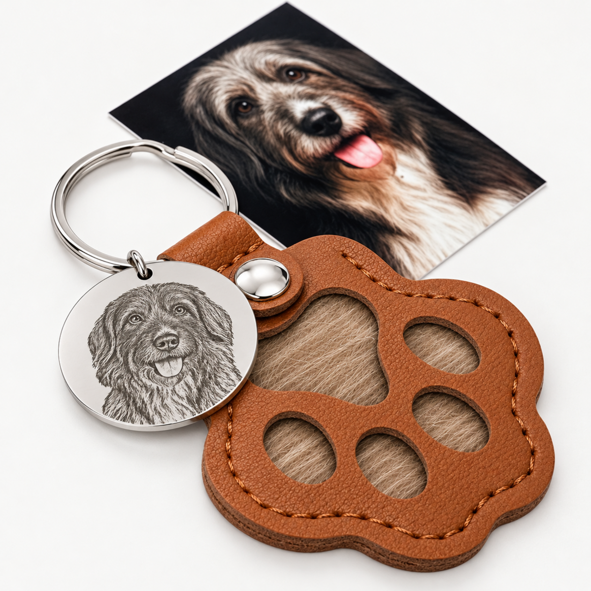 Vegan Leather Keychain with Engraved Pet Charm