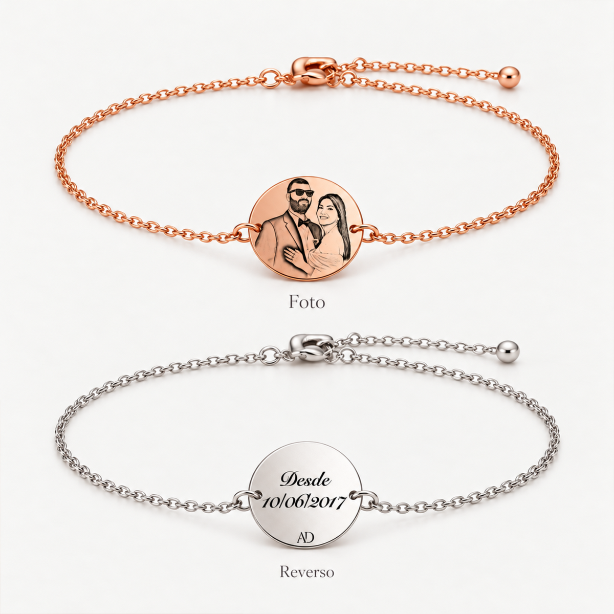 Bracelet avec breloque ronde représentant un portrait de personne 